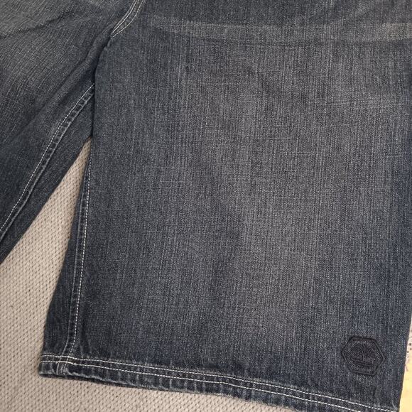 Timberland Denim Shorts Mens 39 Dark Wash Whiskered Baggy Y2K Embroidered - Picture 5 of 14